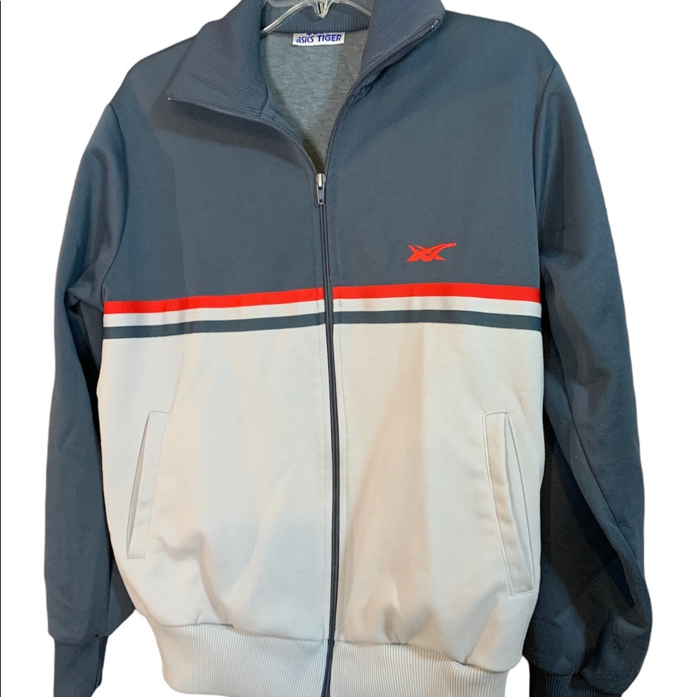 Vintage 80s Asics Tiger Track Jacket Japanese Zip Up Medium Gray Red. No sizing